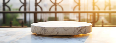 marble table top with blurred abstract cafe restaurant interior backgroundの素材