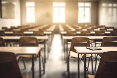 School empty classroom or lecture room interior with desks chairs iron wooden without young studentの素材