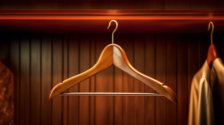 Empty wooden clothes hangers hanging in closet and casting deep shadows. Photographed November 2017.の素材