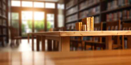 Empty wooden table and blur background of abstract in front of modern library or knowledge source caの素材