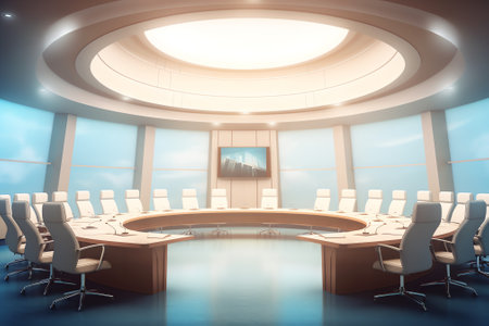 Interior of modern conference room with blue walls, concrete floor and round table with chairs. 3d renderingの素材