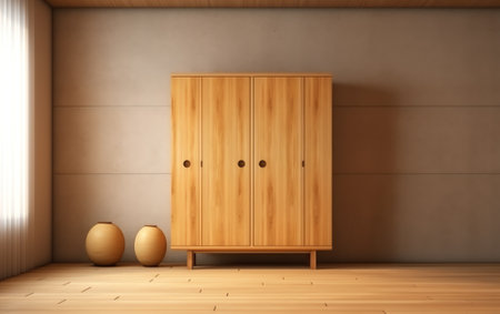 Cabinet wooden japanese design on living room zen style empty wall background.3D renderingの素材
