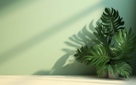 Bright white wall with green tropical leaves, sunlight with shadows. Summer, spring background. 3d rの素材