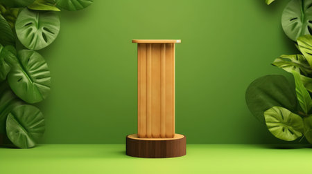 Wooden product display podium in green room with grass flowers and sunshine background. For one or sの素材