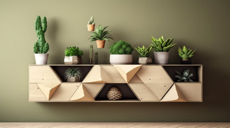 Wall in modern interior with wooden blocks and vertical garden. 3D illustration.の素材