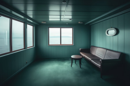 Empty Corridor at cruise shipping ferry interior, selective focus, toned image, nobodyの素材