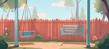 Kid playground. Kindergarten or school building in park. Play yard and garden. City schoolyard. Chilの素材