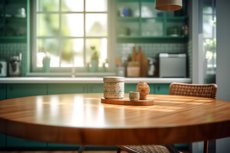 Blurred modern kitchen interior and desk space and outstanding turquoise furniture.の素材
