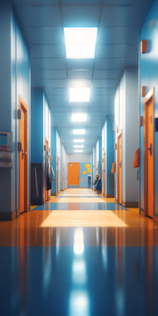 Colorful school corridor with window, doors and cupboards vector illustration. Empty college hallwayの素材