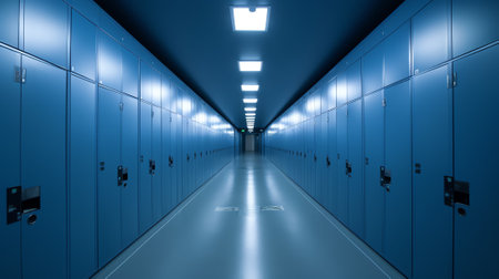 High school lobby with blue color lockers, perspective view. Students storage cabinets, closed metalの素材
