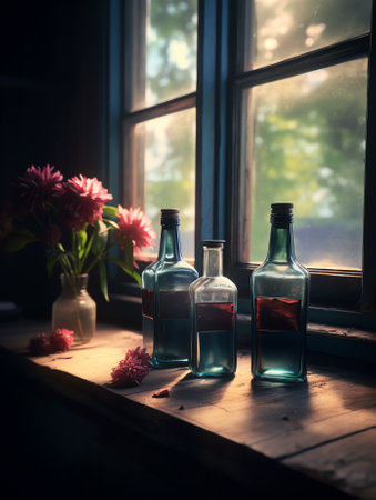 blue empty bottles on window in old houseの素材
