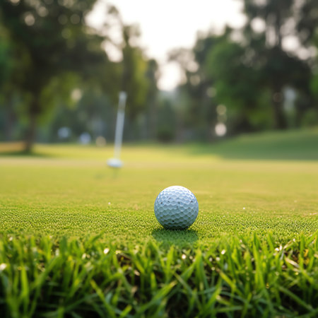 golf ball on tee in a beautiful golf course with morning sunshine.Ready for golf in the first short.の素材