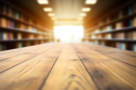 Empty wooden table and blur background of abstract in front of modern library or knowledge source caの素材