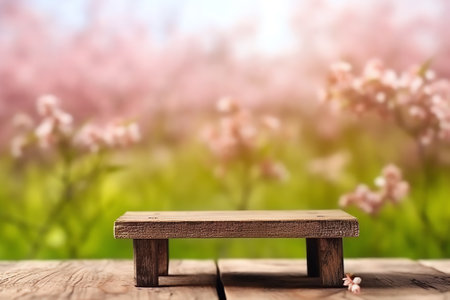 Wooden table in garden of spring timeの素材