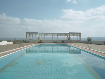 abandoned empty pool against blue sky backgroundの素材