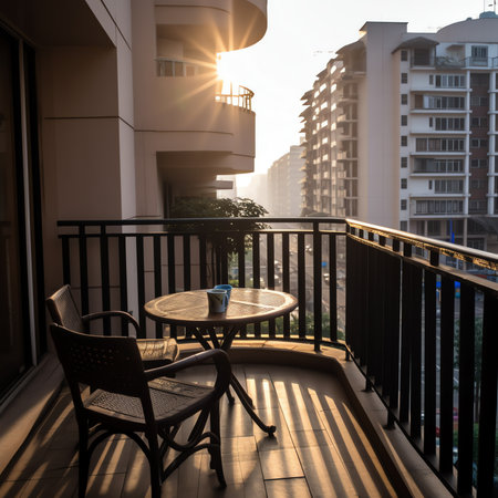 Plastic chairs and wooden table on WPC flooring terrace outdoors. Home outdoor terrace with empty paの素材