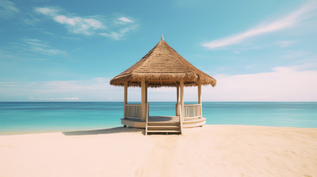 Wooden sunshade roof structure under blue sky at sunny summer day, palm trees are on a backgroundの素材