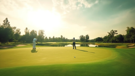 Panoramic view of beautiful golf course with pines at sunset. Golf field with fairway, green, hole,の素材