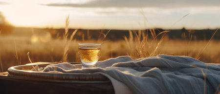Picnic duvet with empty bascket on the meadow in nature. Panoramic view. Concept of leisure and famiの素材