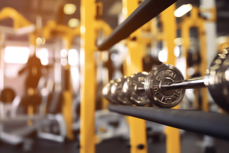 Modern light gym. Sports equipment in gym. Barbells of different weight on rack.の素材