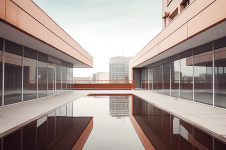 Exterior of a modern building, view from the patioの素材