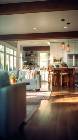 Beautiful living room interior with hardwood floors and view of kitchen in new luxury homeの素材