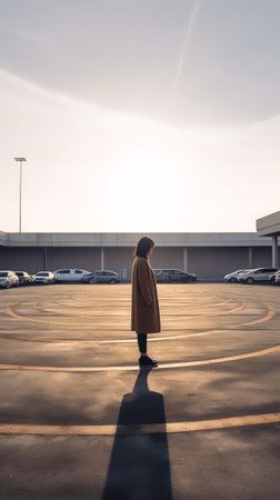 Empty parking lot against arid area and beautiful sunset sky.の素材