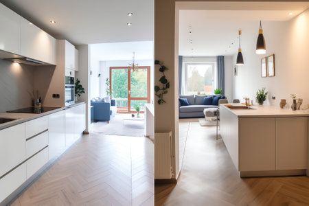 Comparison of old room with building tools and new renovated room. Photo collage of apartment beforeの素材