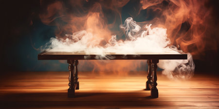 empty wooden table with smoke float up on dark backgroundの素材