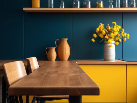 Wooden desk of free space and kitchen board, Blue wall and shadows.の素材