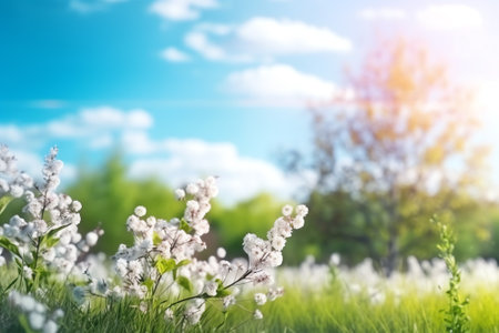 Beautiful blurred background image of spring nature with a neatly trimmed lawn surrounded by trees aの素材