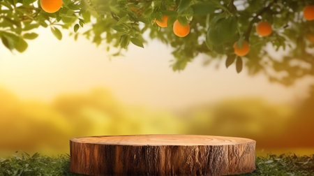 Empty wood table with free space over orange trees, orange field background. For product display monの素材