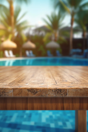 Empty wooden table in front with blurred background of swimming poolの素材