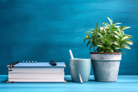 Office desk with pencils, plant vase, alarm clock, Pencils and book. work copy space.の素材