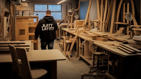 Trolley with racks in modern carpentry factoryの素材
