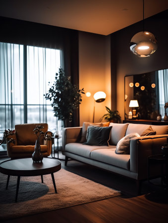Modern living room in house with contemporary interior design, comfortable sofa, carpet on floor, laの素材