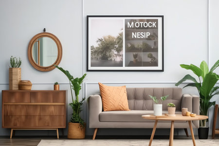 Stylish living room interior of modern apartment and trendy furniture, plants and elegant accessorieの素材