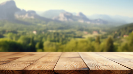 table background of free space for your decoration and blurred landscape of mountains.Blue sky withの素材