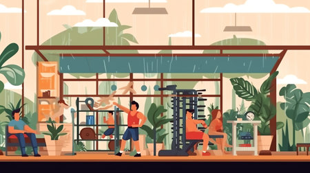 Sport Gym Interior Workout Equipment Copy Space Flat Vector Illustrationの素材