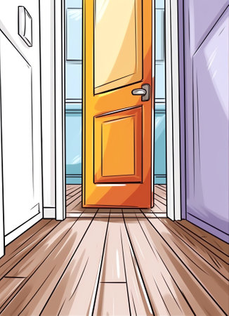 Hallway house. Empty hallway in the building. One door at the end of the room. Light interior. Illusの素材