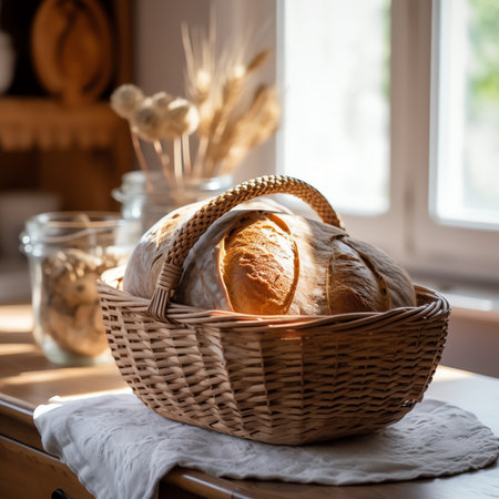Empty wooden basket on table with tablecloth over wheat field background. Jewish holiday Shavuot mocの素材