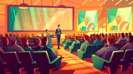 Vector cartoon illustration of modern conference hall, room for meetings and business trainings, intの素材