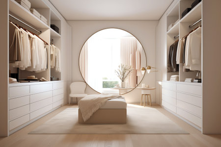 White walk in closet room at home with island and carpet, 3d rendering, Mock up.の素材