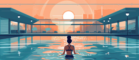 Background of swimming pool with inflatable ball vector flat design illustration. Horizontal layout.の素材
