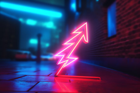 White tunnel with glowing neon arrow pointers sign on walls. 3d render.の素材