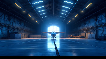 Empty Hangar With Big Ceiling Lights With Stronge Glow Tile Floor, Big And Secret Futurtistic Hall,の素材