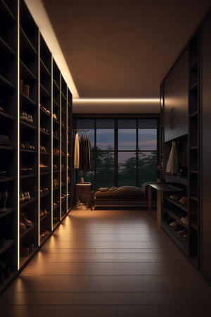 Black closet almost empty shelves closeup, wardrobe interiorの素材