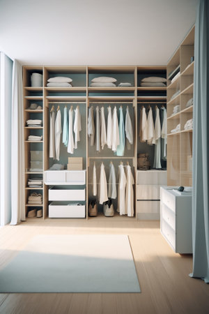 Room with the open empty closet, working closet, cupboard with some racks, hangers and big mirror. Iの素材
