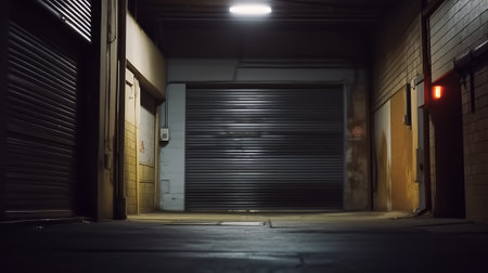 Grungy, dimly lit empty parking garage with overhead lights and an exit sign hanging from the ceilinの素材