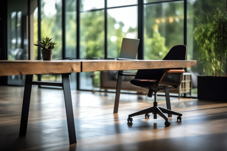 empty conference room after meeting with chaotic black armchairs, stationery on brown wooden table aの素材